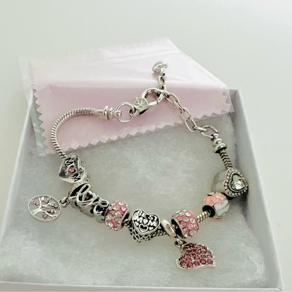 Mom Charm Bracelet Pink Silver Tone Best Mom Heart Love Gift